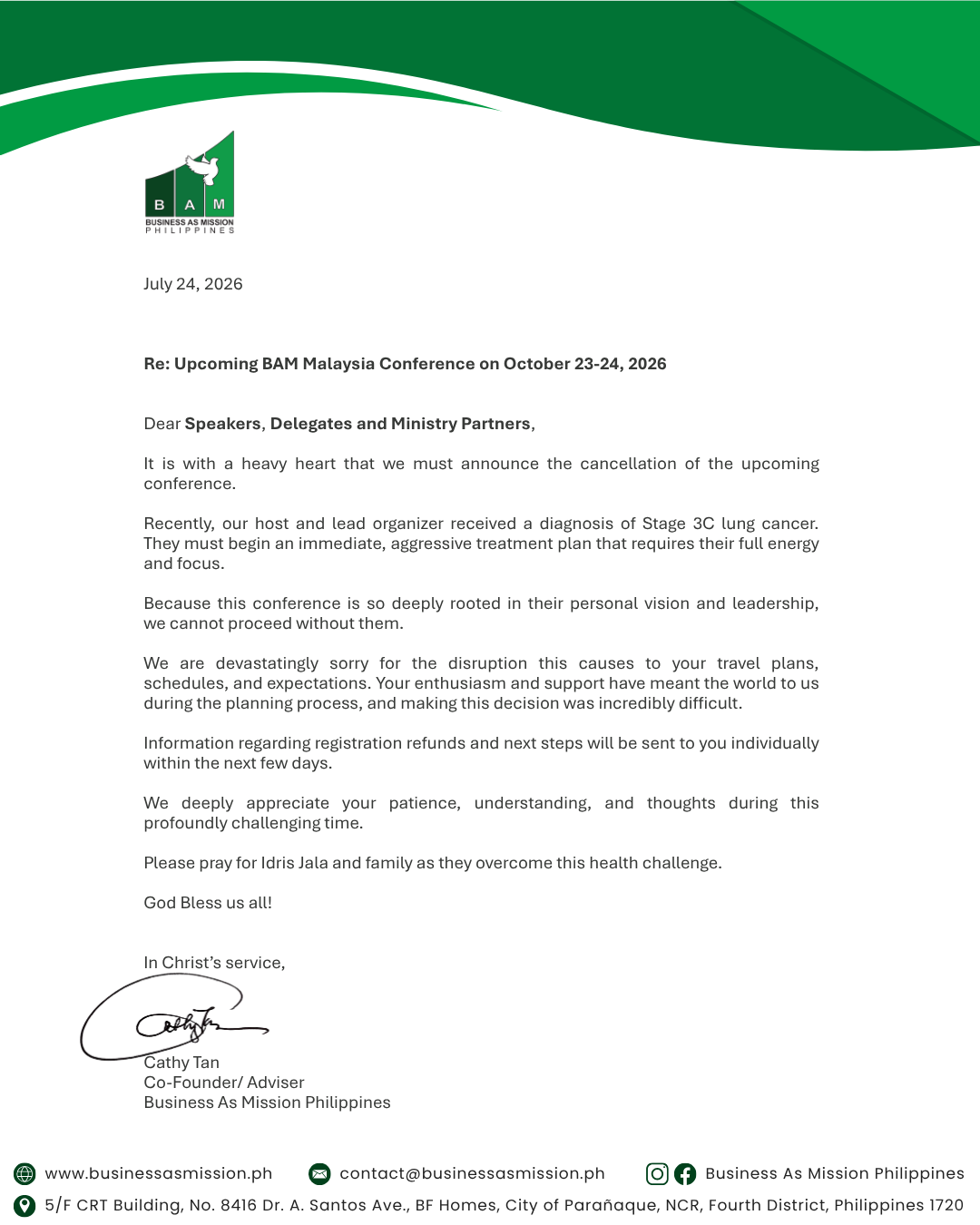 2026 BAM Malaysia Cancellation